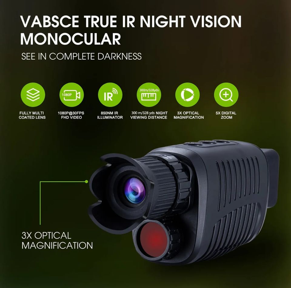 1080p Full HD Vabsce True Infrared Night Vision Monocular, Goggles For Seeing In Complete Darkness Long Distance For Hunting, Camping, Travel, Surveillance (32 GB Micro SD Card Included)
